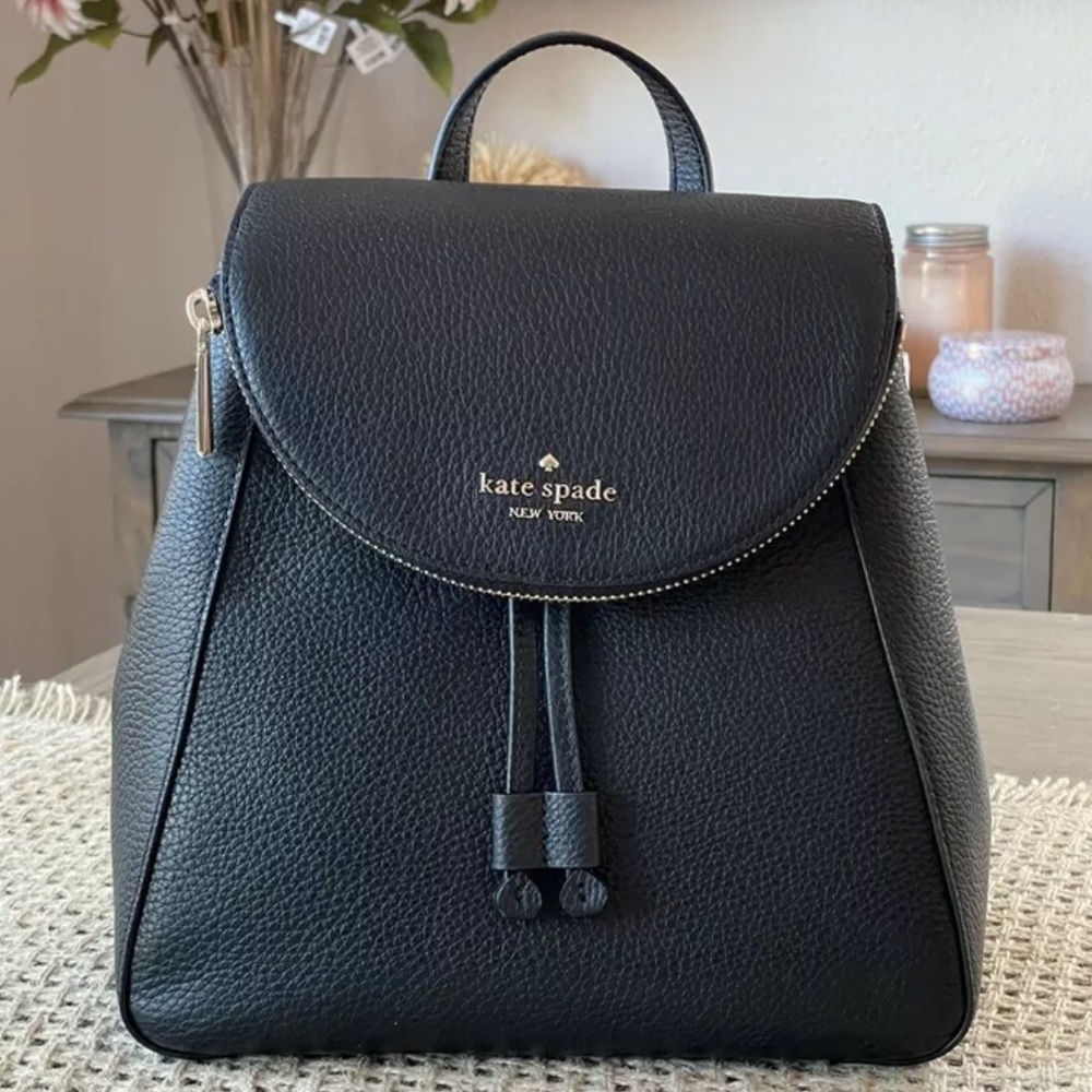 Leather Kate spade Leila medium flap backpack black new